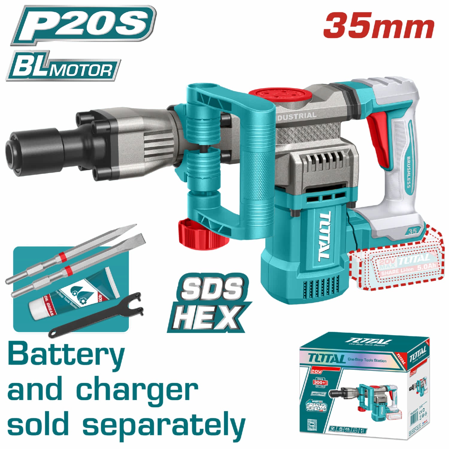 Martillo demoledor inalámbrico 20V SDS Hex 35 mm Brushless 16 J Total TDBLI20358