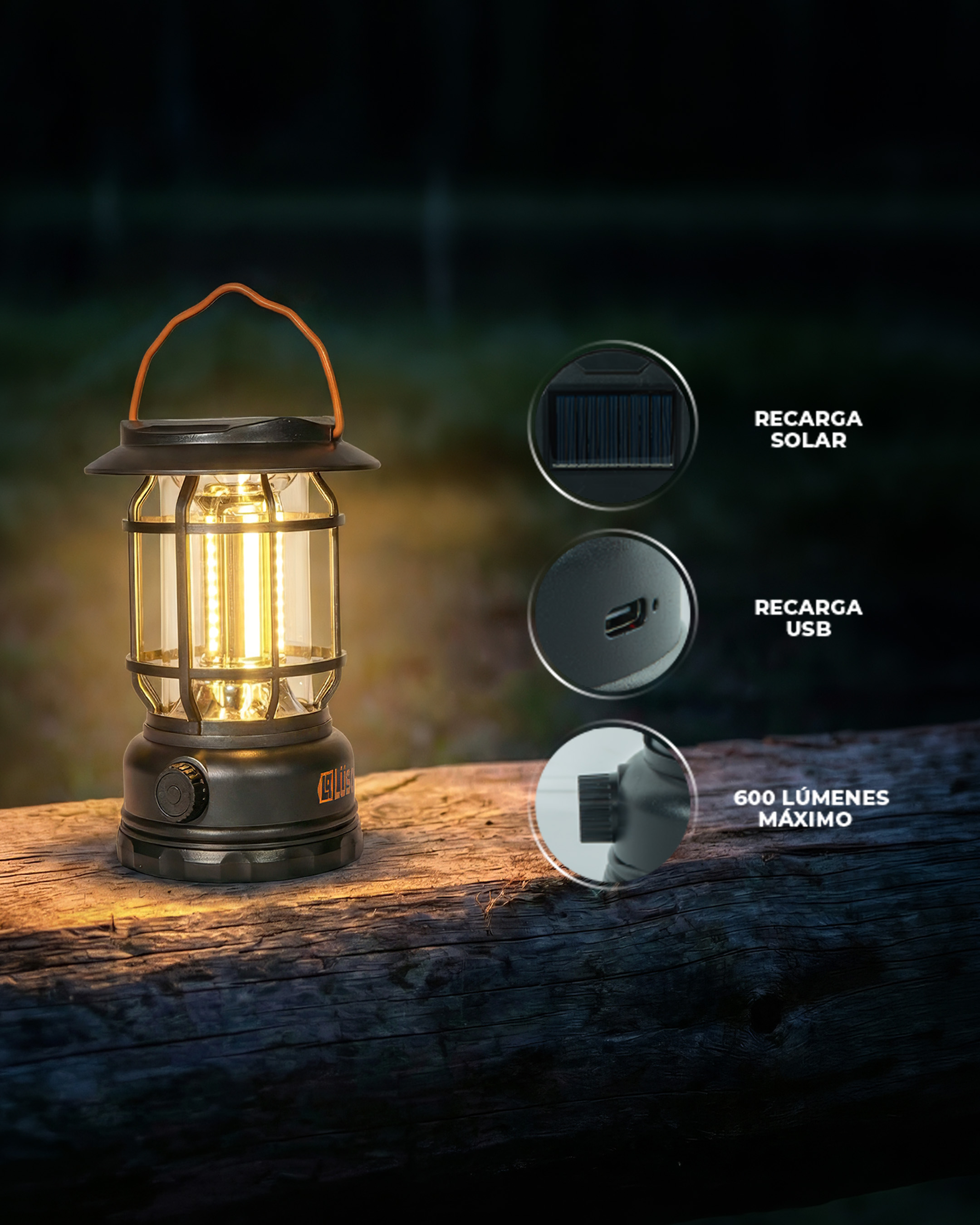 Farol LED de camping recargable con energía solar y carga USB Lüsqtoff LODO36