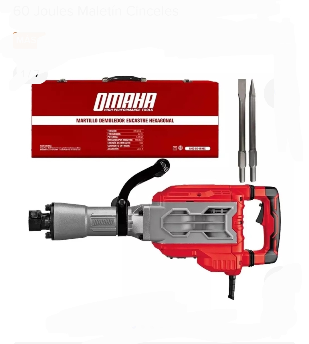 DEMOLEDOR 60 JOULES 1.700w CON ACCESORIOS  Omaha De-16hex