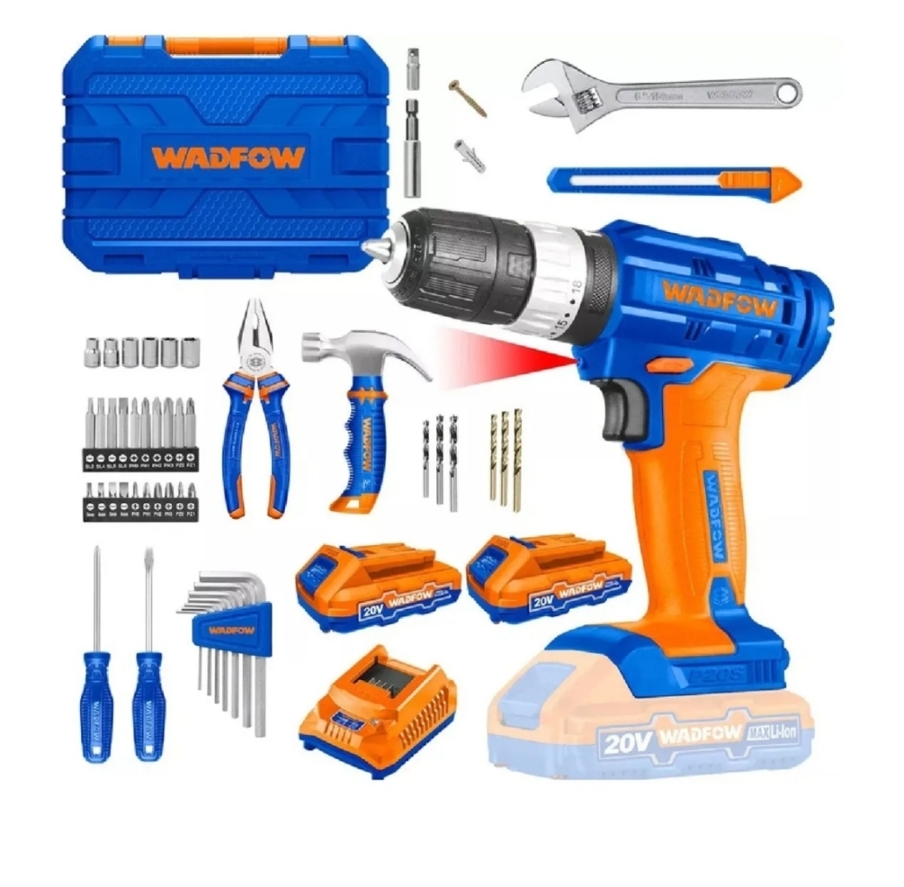 TALADRO A BATERIA 20V + KIT DE HERRAMIENTAS 91 PIEZAS Wadfow WDT1B90-4