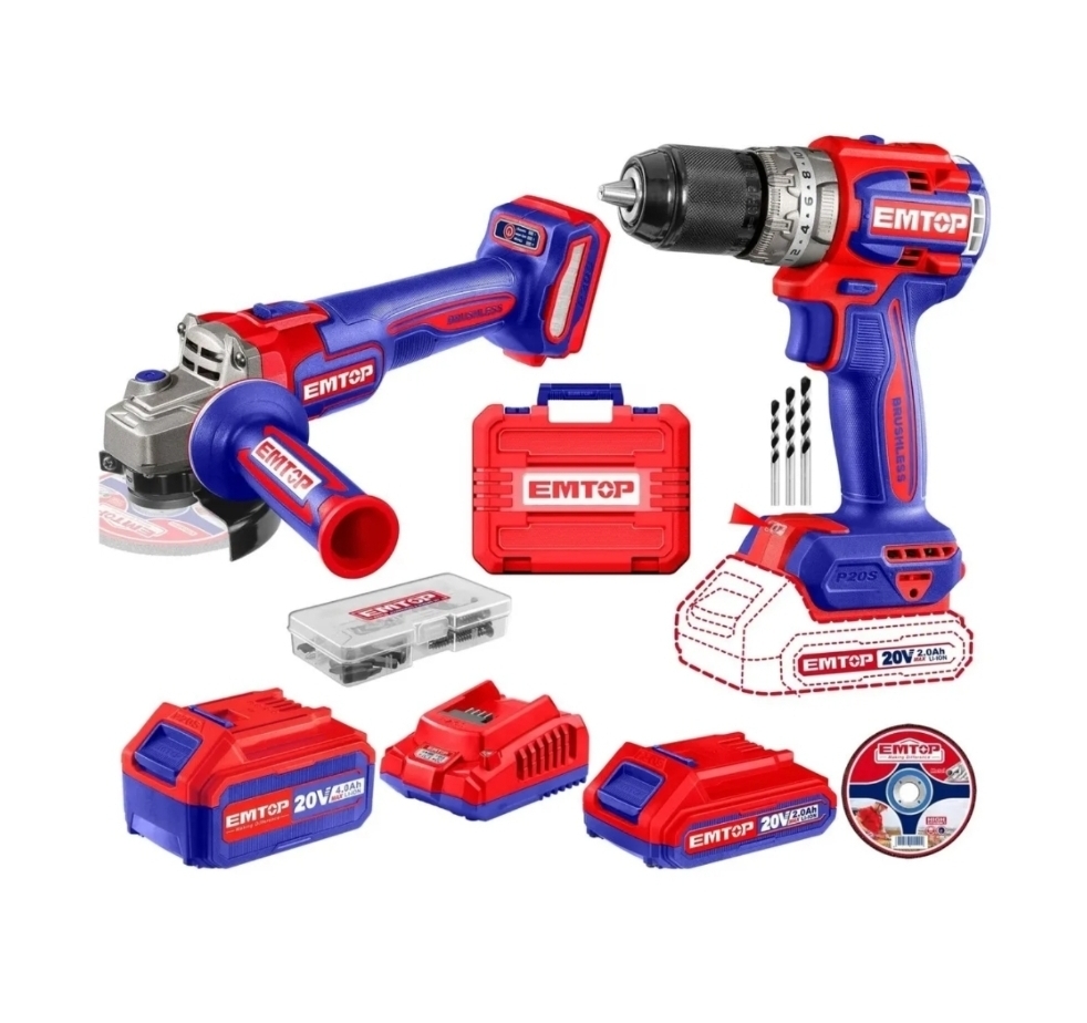 KIT AMOLADORA Y TALADRO INALAMBRICO 20V BRUSHLESS  4.0Ah INDUSTRIAL Wadfow SUPER EMTOP