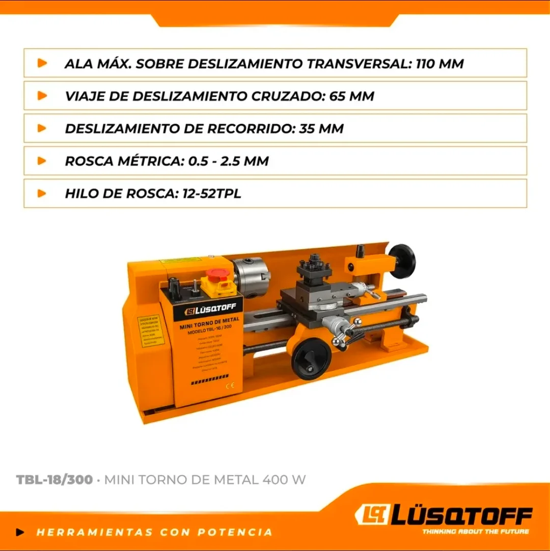 MINI TORNO PARA METALES 400W 250O rpm DISTANCIA ENTRE CENTROS 30cm Lüsqtoff Tbl-18/300