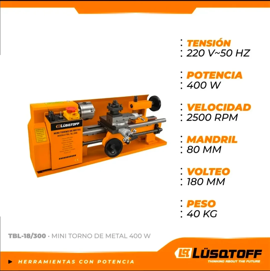 MINI TORNO PARA METALES 400W 250O rpm DISTANCIA ENTRE CENTROS 30cm Lüsqtoff Tbl-18/300