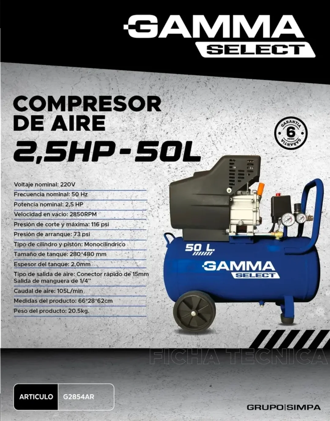 COMPRRESOR DE AIRE 50LITROS 2.5 hp SELEC Gamma CGS-854
