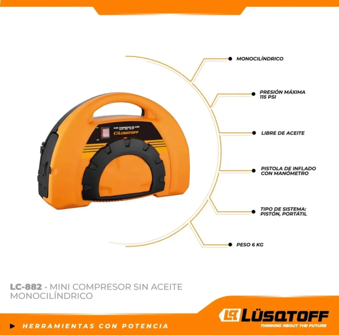 COMPRESOR DE AIRE PORTATIL MONOFASICO 1.5hp 115psi 1100w  Lüsqtoff LC-882