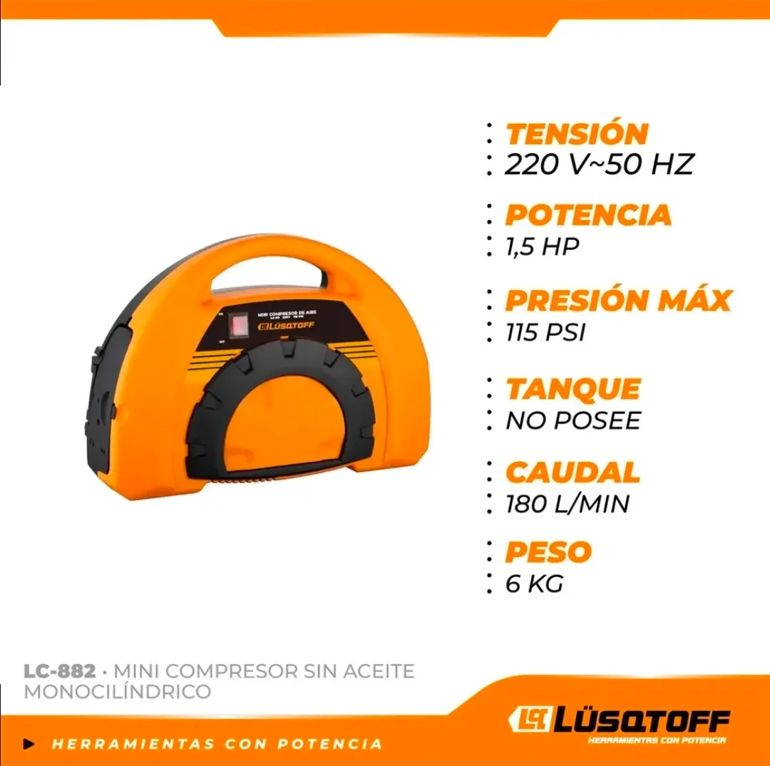 COMPRESOR DE AIRE PORTATIL MONOFASICO 1.5hp 115psi 1100w  Lüsqtoff LC-882