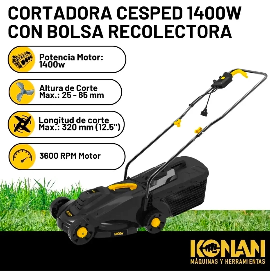 CORTADORA DE CESPED ELECTRICA 1200W 3 ALTURAS REGULABLES CON CANASTO Varios KCC/1400E