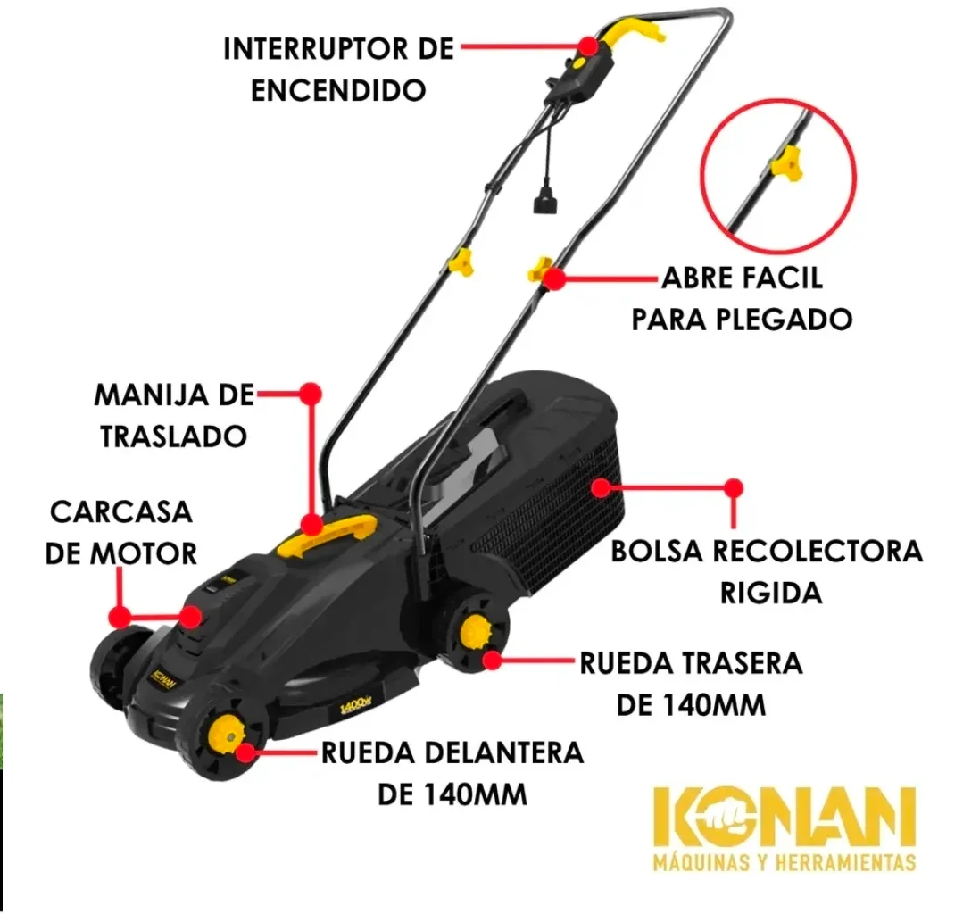 CORTADORA DE CESPED ELECTRICA 1200W 3 ALTURAS REGULABLES CON CANASTO Varios KCC/1400E